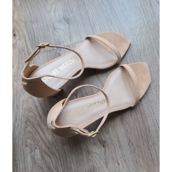 Stuart Weitzman Amelina Nearlynude Suede Heel Sandals Adobe Nude - Picture 6 of 16